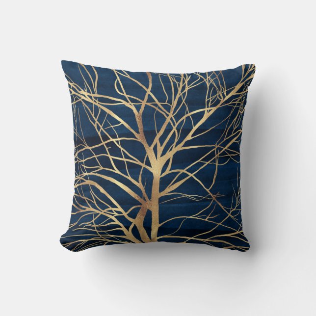 Modernes Gold Tree Silhouette Minimales blaues Des Kissen (Vorderseite)