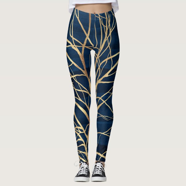Modernes Gold Tree Silhouette Minimales blaues Des Leggings (Vorderseite)