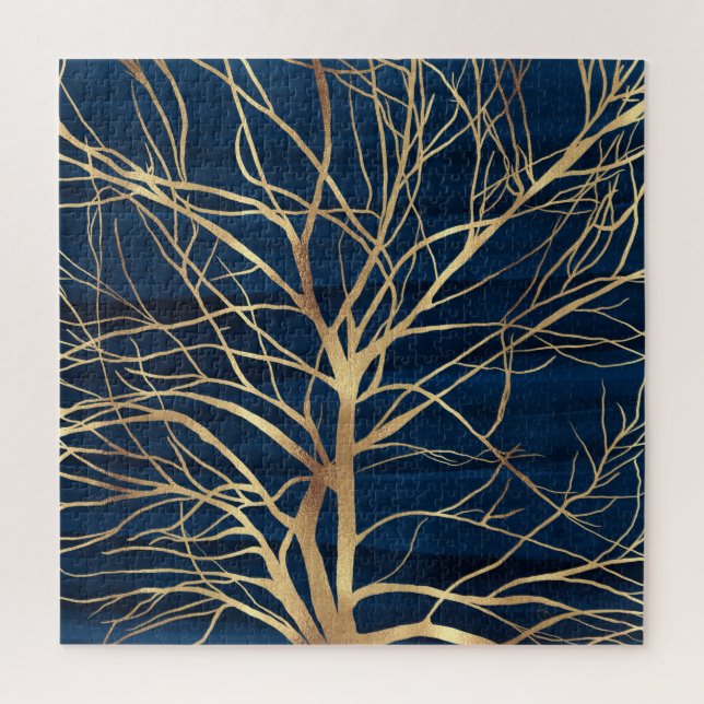 Modernes Gold Tree Silhouette Minimales blaues Des Puzzle (Vertikal)