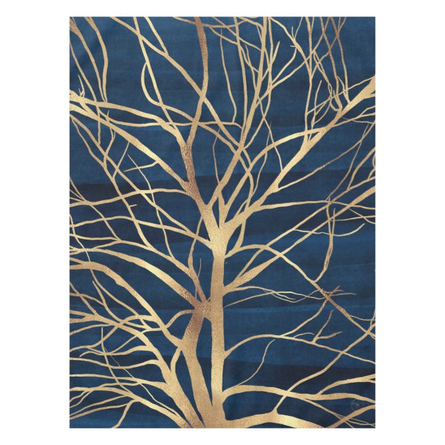Modernes Gold Tree Silhouette Minimales blaues Des Tischdecke (Vorderseite)