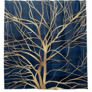 Modernes Gold Tree Silhouette Minimales Blue Desig Duschvorhang