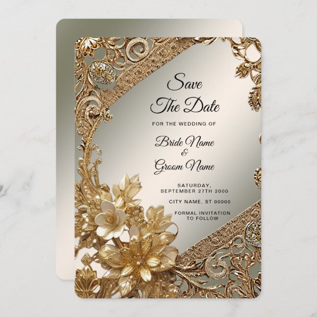 Modernes Gold-Verziert-Blumenmotiv Save the Date (Vorne/Hinten)