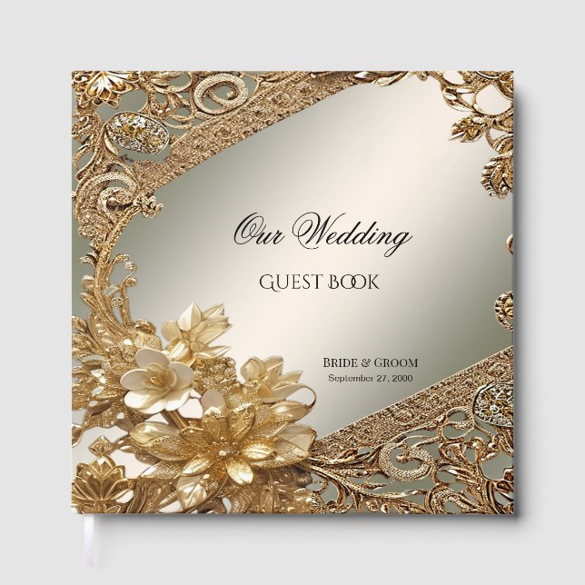Modernes Gold Verziert Floral Guest Book Gästebuch (Vorderseite)