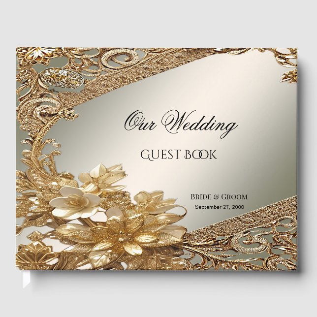 Modernes Gold Verziert Floral Guest Book Gästebuch (Vorderseite)