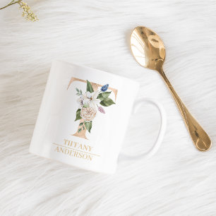Modernes Gold Watercolor Blume Letter T   Monogram Kaffeetasse