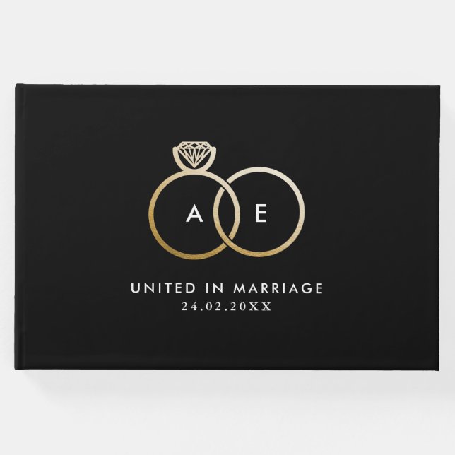 Modernes Gold Wedding Rings Monogram Black Guestbo Gästebuch (Vorderseite)