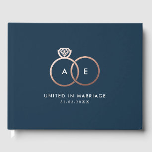 Modernes Gold Wedding Rings Monogram Navy Gästebuc Gästebuch