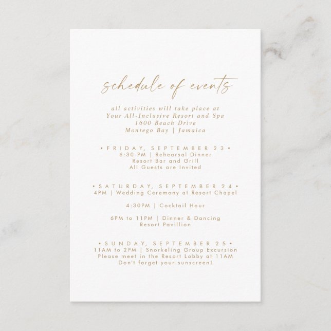Modernes Gold Wedding Weekend Programm (Vorderseite)