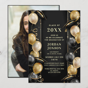 Modernes Golden Black Abschluss Hat Party Foto Einladung