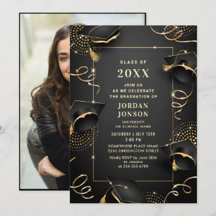 Modernes Golden Black Graduation Party Foto Einladung