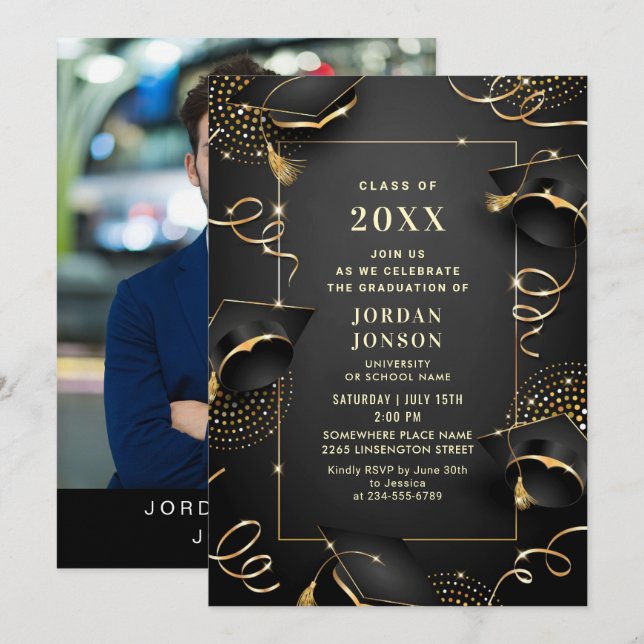 Modernes Golden Black Graduation Party Foto Einladung (Vorne/Hinten)