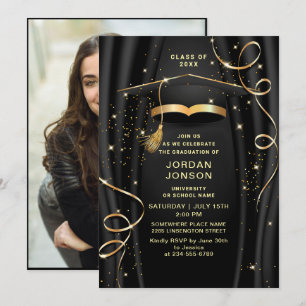 Modernes Golden Black Graduation Party Foto Einladung