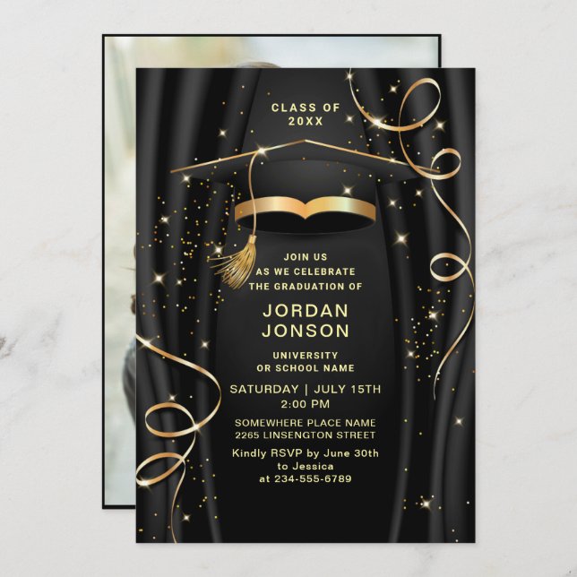 Modernes Golden Black Graduation Party Foto Einladung (Vorne/Hinten)