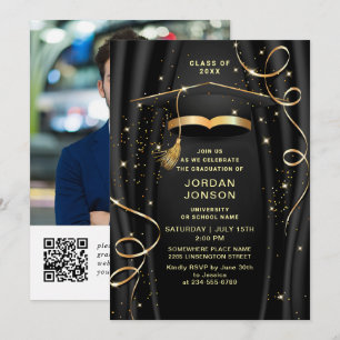 Modernes Golden Black Graduation Party Foto QR Cod Einladung
