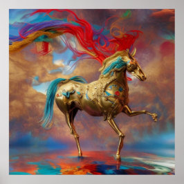 Modernes Goldenes aquamarines und rotes Pferd abst Poster