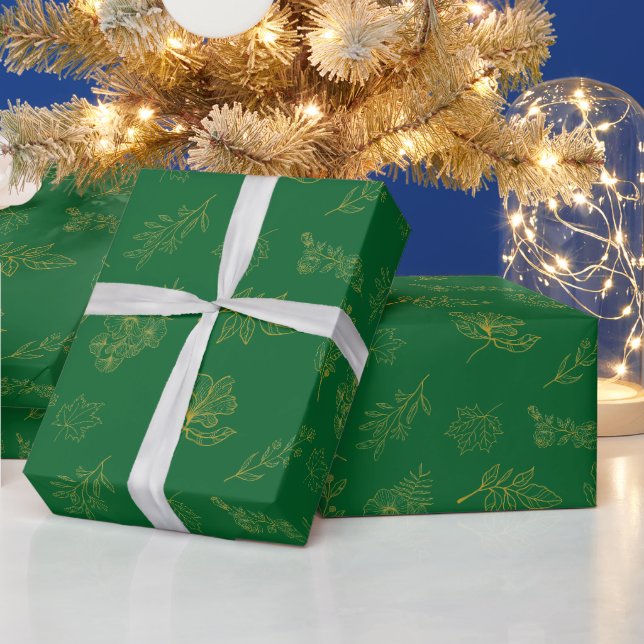 Modernes goldenes botanisches Dunkelgrün Geschenkpapier (Feiertage)