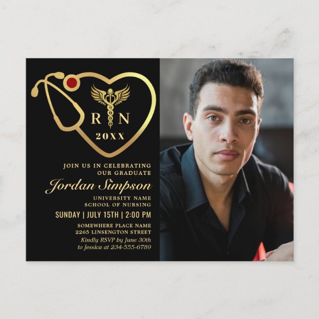 Modernes Goldenes FOTO Pflege Abschluss Einladung Postkarte (Vorderseite)