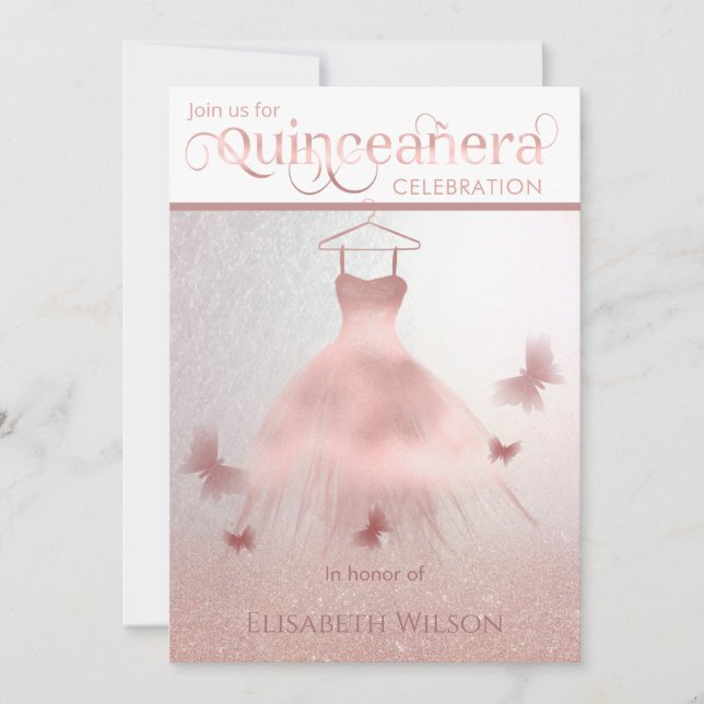 Modernes Goldkleid der Rose Quinceañera Einladung (Vorderseite)