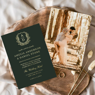 Modernes Goldleafy-Wappen Monogram-Foto Hochzeit Folieneinladung