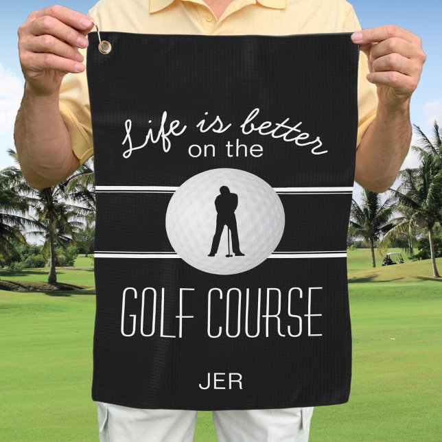 Modernes Golfer Pro Zitat Mit Monogramm Schwarz-we Golfhandtuch (Modern Golfer Pro Quote Men's Monogrammed Black White Golf Towel)
