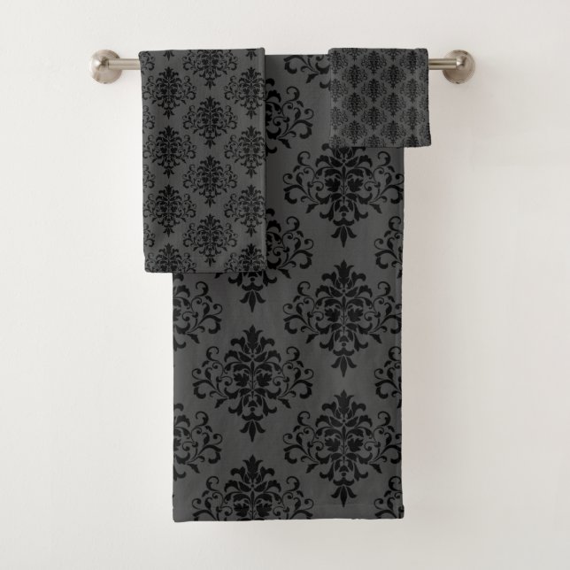Modernes Gothic Gray Black Damask Muster Badhandtuch Set (Insitu)
