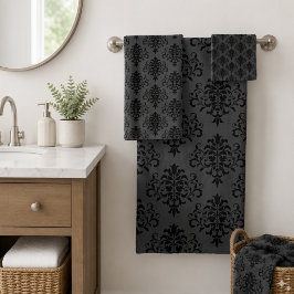 Modernes Gothic Gray Black Damask Muster Badhandtuch Set