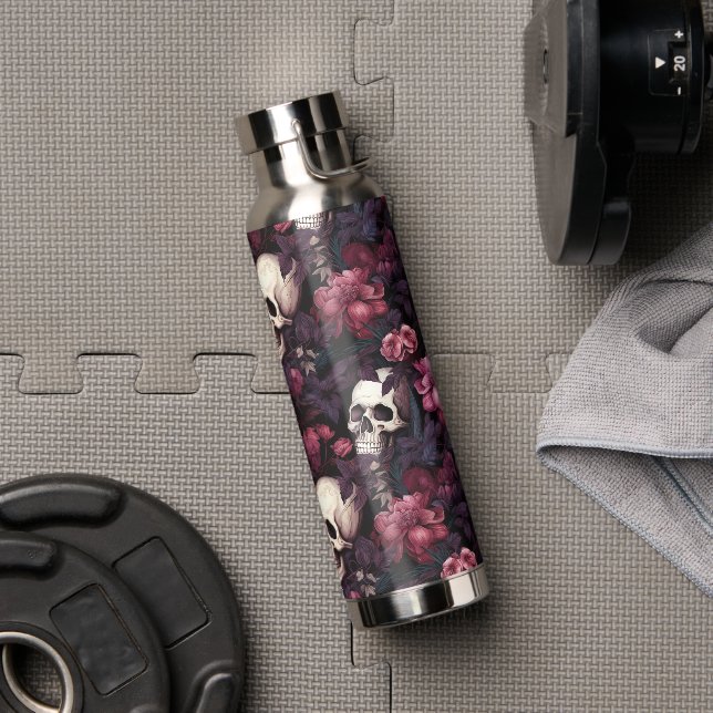 Modernes Gotisches Skull-Rosa-Blume-Muster Trinkflasche (Fitnessstudio)