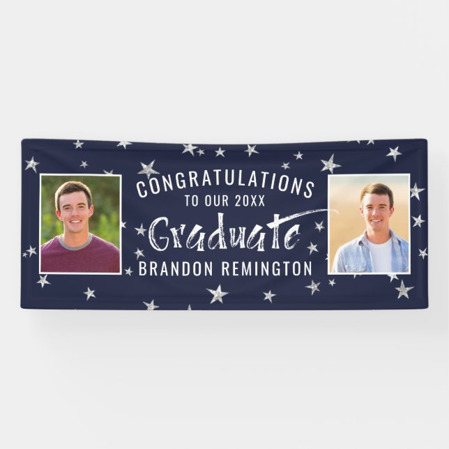 Modernes Graduate 2 Foto Navy Blue Silver White Banner (Horizontal)