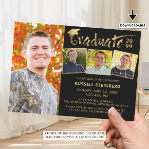 Modernes Graduate 4 Fotos Schwarzes Gold Hand Lett Einladung