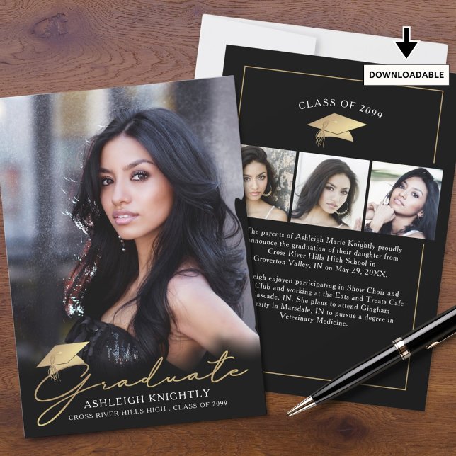 Modernes Graduate 4 Fotos Script Cap Black Gold Ankündigung (Von Creator hochgeladen)