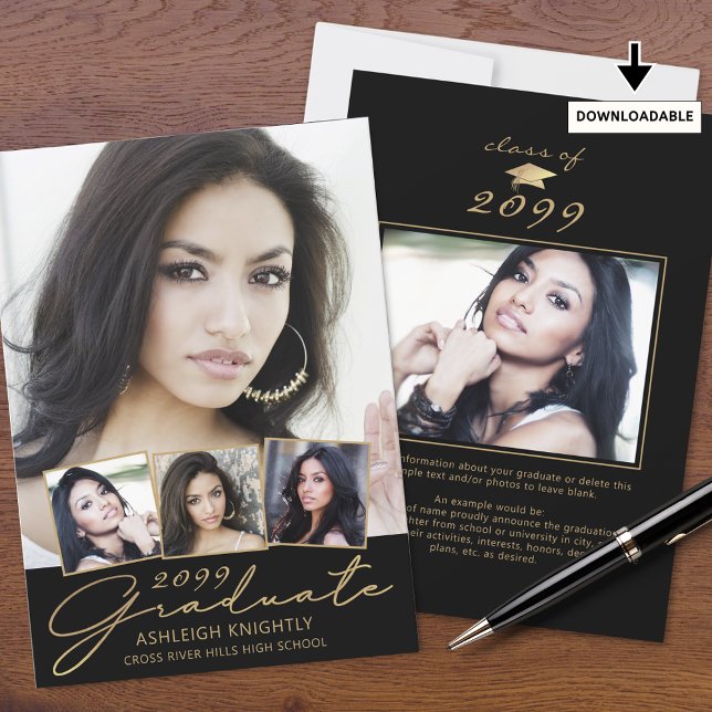 Modernes Graduate 5 Fotos Script Black Gold Ankündigung (Von Creator hochgeladen)