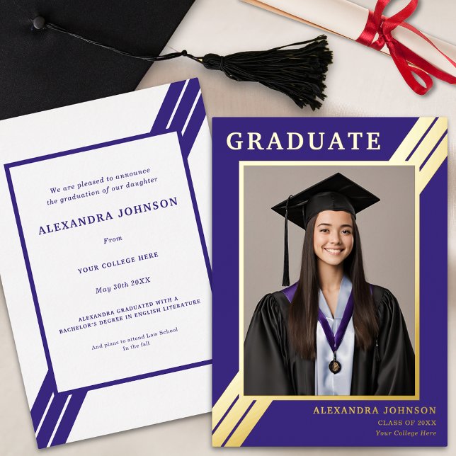 Modernes Graduate Foto Blau und Gold Folieneinladung (Modern Bold blue and gold foil stripes graduate photo Graduation announcement card)