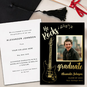 Modernes Graduate Foto Cool Guitar Black und Gold Folieneinladung