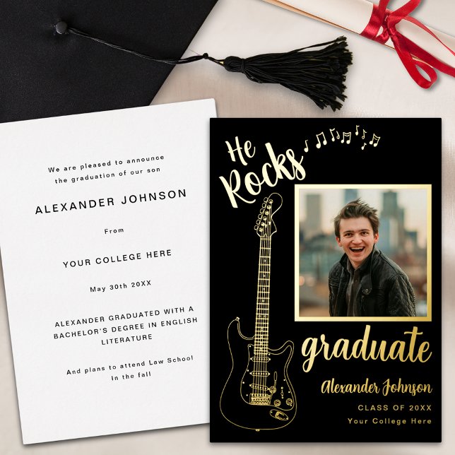 Modernes Graduate Foto Cool Guitar Black und Gold Folieneinladung (Modern graduate photo cool minimalist electric guitar gold foil script black Graduation announcement)