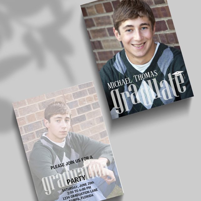 Modernes Graduierungsparty Foto Einfach Einladung (Modern graduation party photo card with bold typography and portrait focus. )