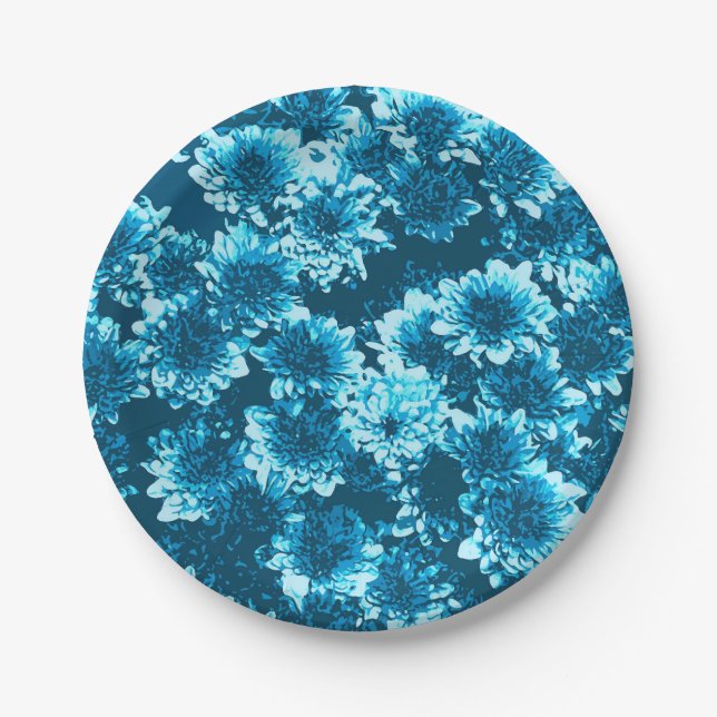 Modernes grafisches Dahlia-Muster, Indigoblau Pappteller (Vorderseite)