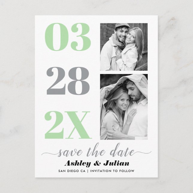 Modernes Grau, Minze zwei Foto Save the Date Postkarte (Vorderseite)