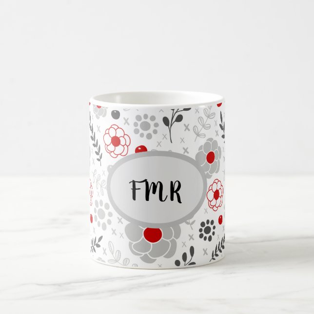 Modernes Grau-Rot-Bläschen-Monogramm Kaffeetasse (Mittel)