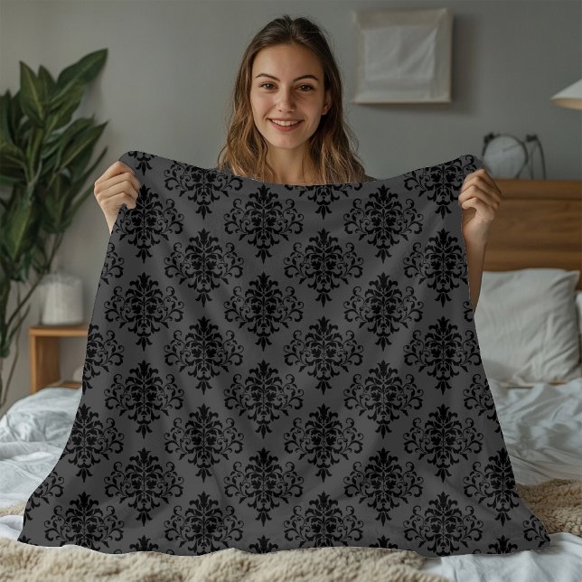 Modernes Grau-Schwarz-Damask-Muster Fleecedecke (Von Creator hochgeladen)