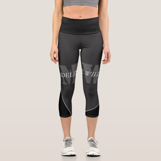 Modernes Grau-Schwarz-Monogramm Capri Leggings (Vorderseite)