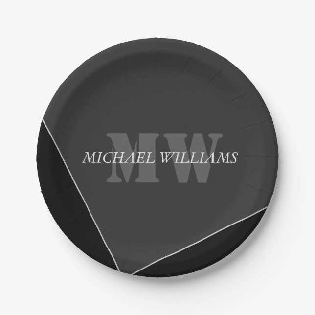 Modernes Grau-Schwarz-Monogramm Pappteller (Vorderseite)