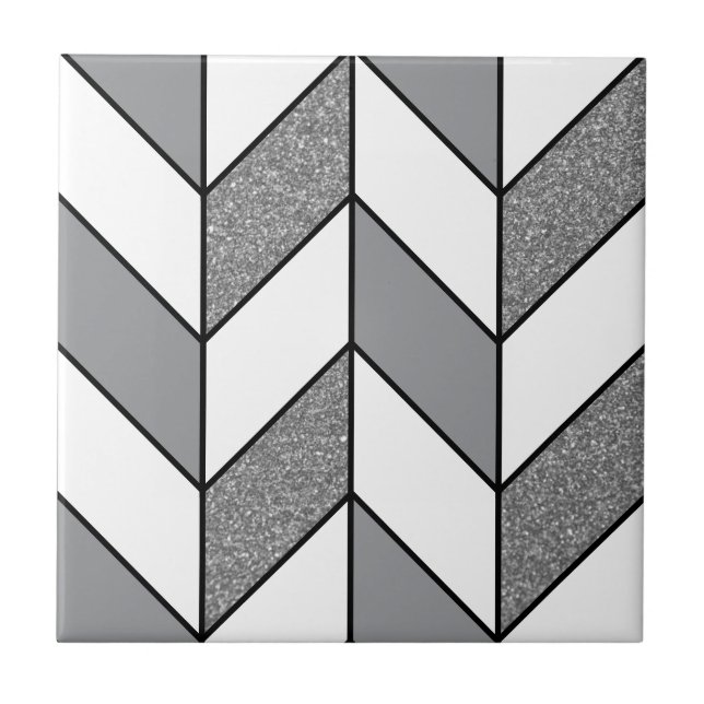 Modernes grauer Glitzer Herringbone Zickzack Muste Fliese (Vorderseite)