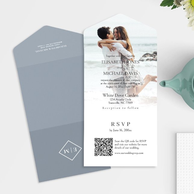 Modernes graues Foto QR Code Online-Hochzeit All In One Einladung (All-in-one wedding invitation with QR code to RSVP - Simplify and save time for you and your guests.)