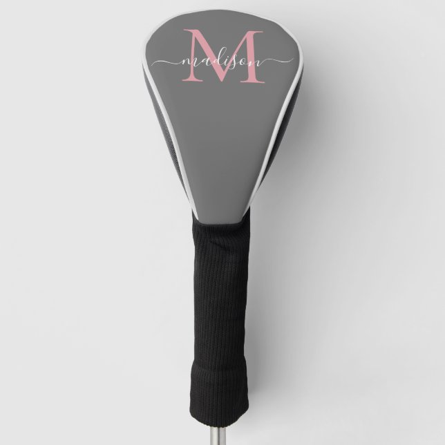 Modernes, graues Rosa Monogram, Girly Chic Script Golf Headcover (Vorderseite)