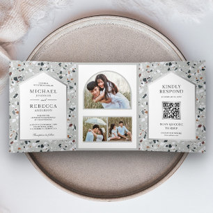 Modernes graues Terrazzo Foto QR Code Hochzeit Dreifach Gefaltete Einladung