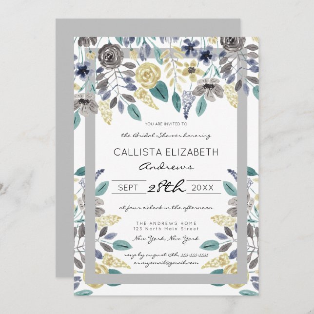 Modernes graugelbes Brautparty Einladung (Vorne/Hinten)