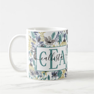 Modernes Graugelbes Floral-Aquarellmonogramm Kaffeetasse