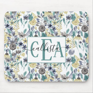 Modernes Graugelbes Floral-Aquarellmonogramm Mousepad