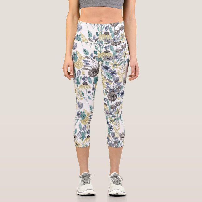Modernes graugelbes, florales Wasserfarbmuster Capri Leggings (Vorderseite)