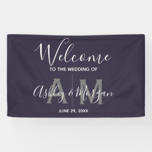 Modernes Gray & Blue Couple Monogram 36x24 Wedding Banner